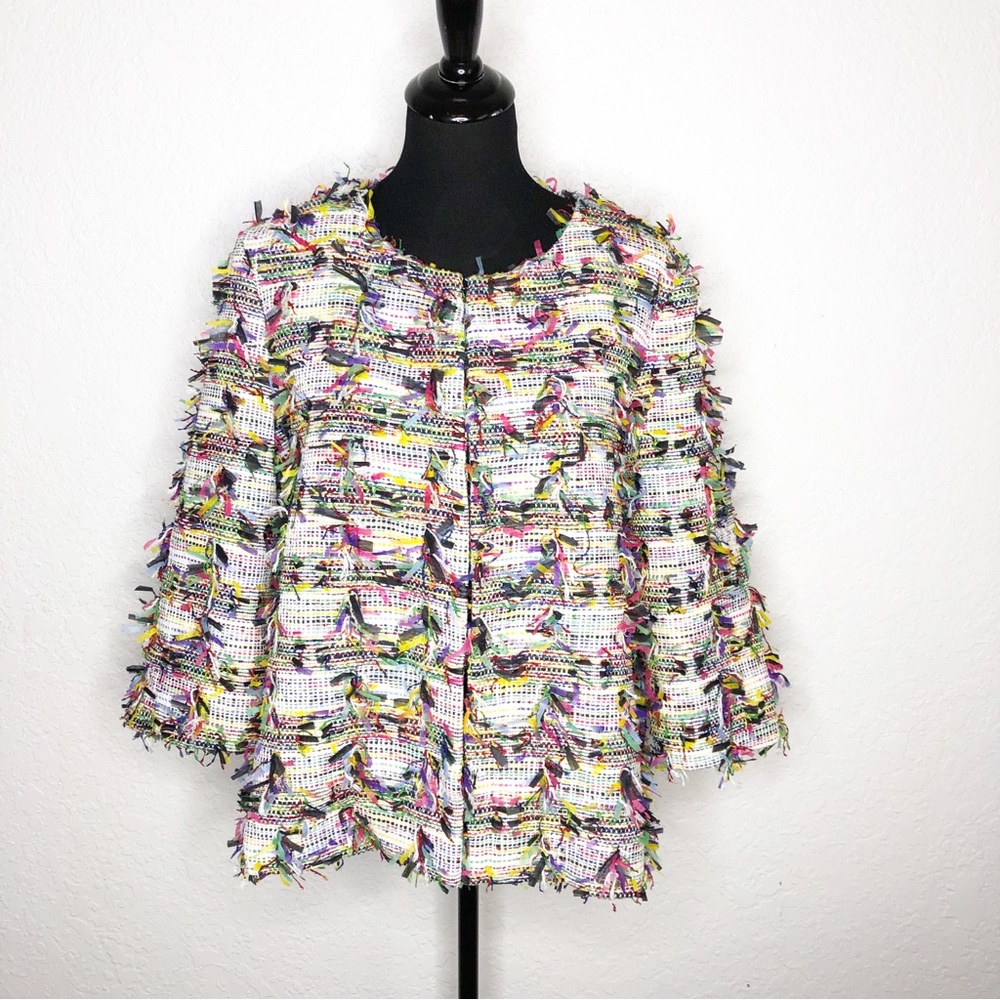 Patty Kim white multicolor ribbon fringe hook front blazer size Large